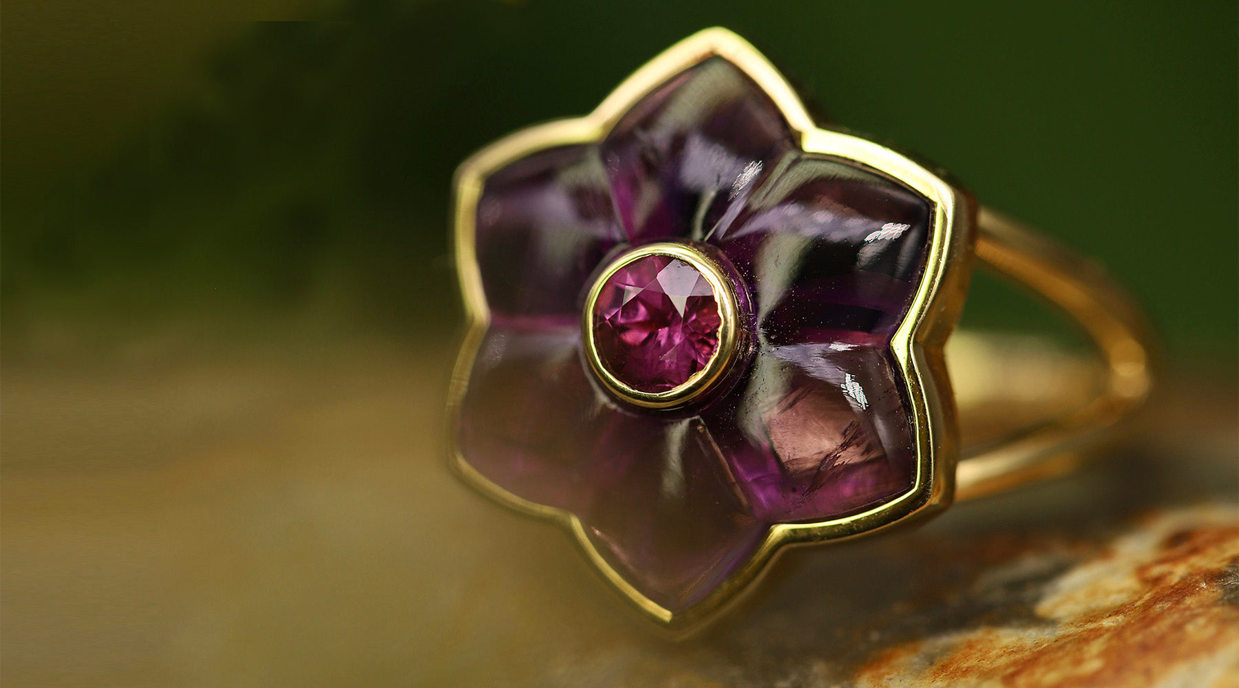 Amethyst and Ruby Floral Ring Flora Bhattachary