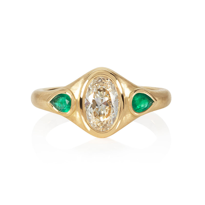 Old Gold Oval Diamond Emerald Ring