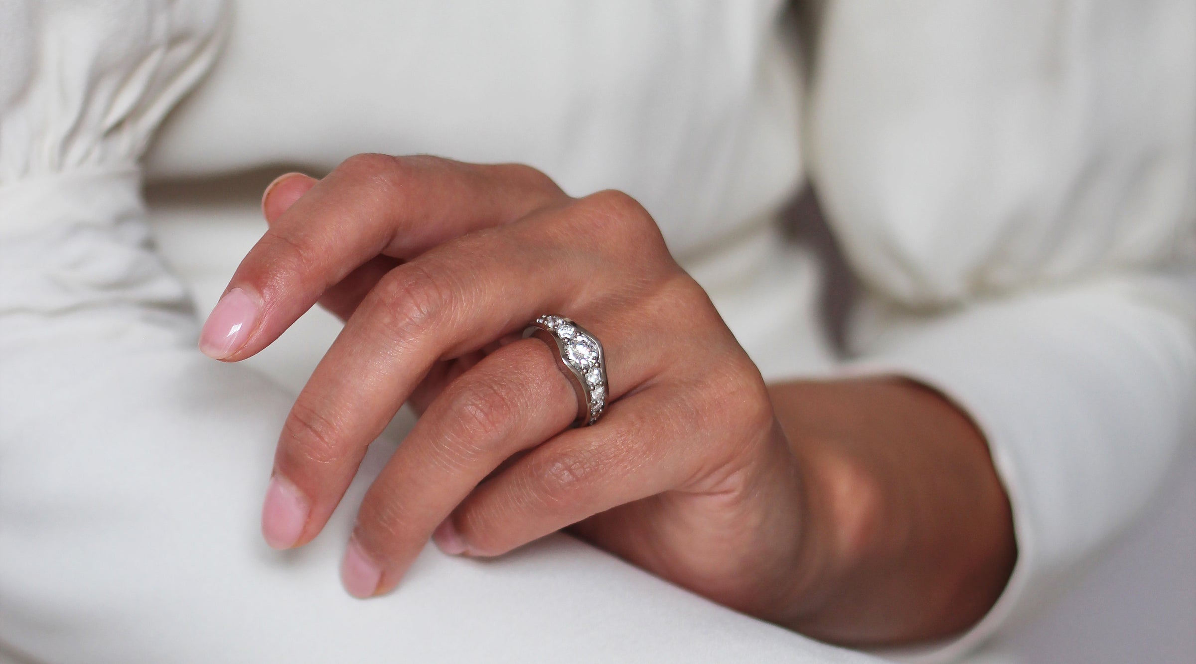 Model Wearing Bespoke Diamond Ring - Flora Bhattachary