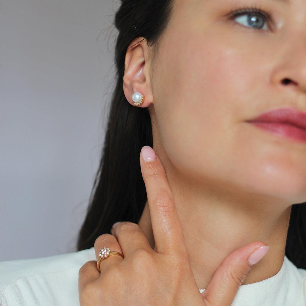 Diamond Crescent Pearl Studs