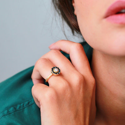 Antique Diamond Sapphire Halo Ring - Flora Bhattachary Fine Jewellery