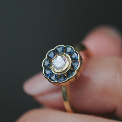 Antique Diamond Sapphire Halo Ring - Flora Bhattachary Fine Jewellery