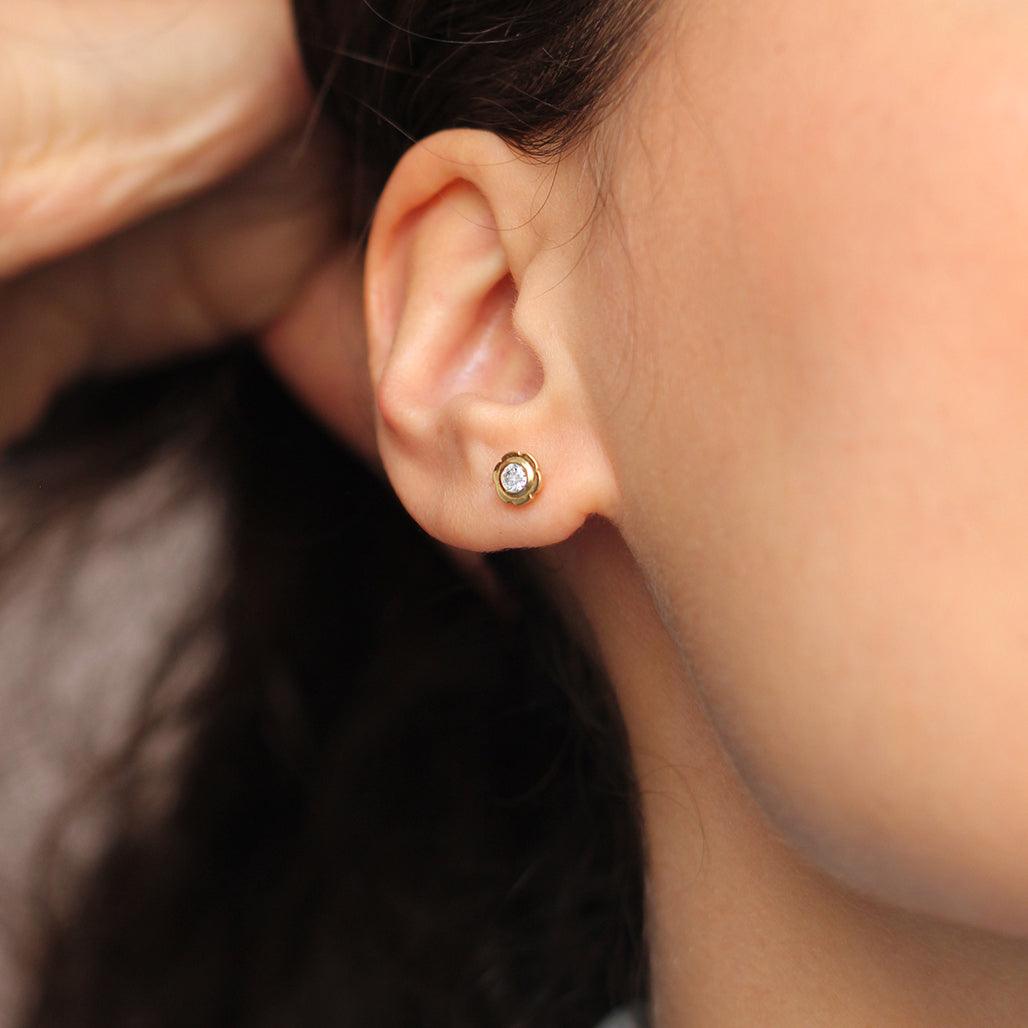 Floral Diamond Stud Earrings on Model